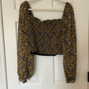 Lulu's Floral Smocked Blouse in Black and Yellow